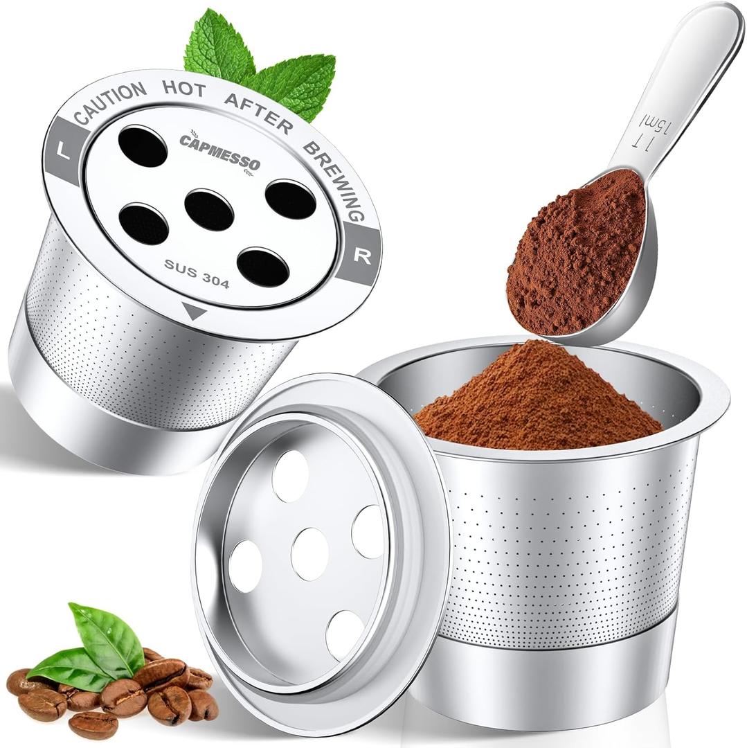CAPMESSO Reusable K Cups for Keurig: 2026 All Stainless Steel Refillable Coffee Pods Metal Coffee Filters with 5-Hole & Scoop - for K Supreme/K Slim/K-Duo Gen 2/K-Brew Chill MultiStream Maker (2 Pack)