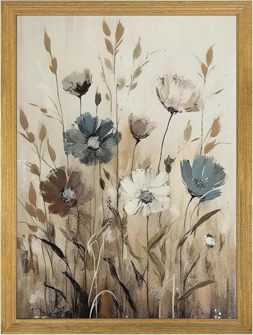 Yaneiro Wood Framed Vintage Wildflower Wall Art, Boho Canvas Wall Decor Paintings, Sage Flower Bathroom Decor, Countryside Farmhouse Landscape Posters Print for Bedroom Hallway Living Room 12x16 Inch