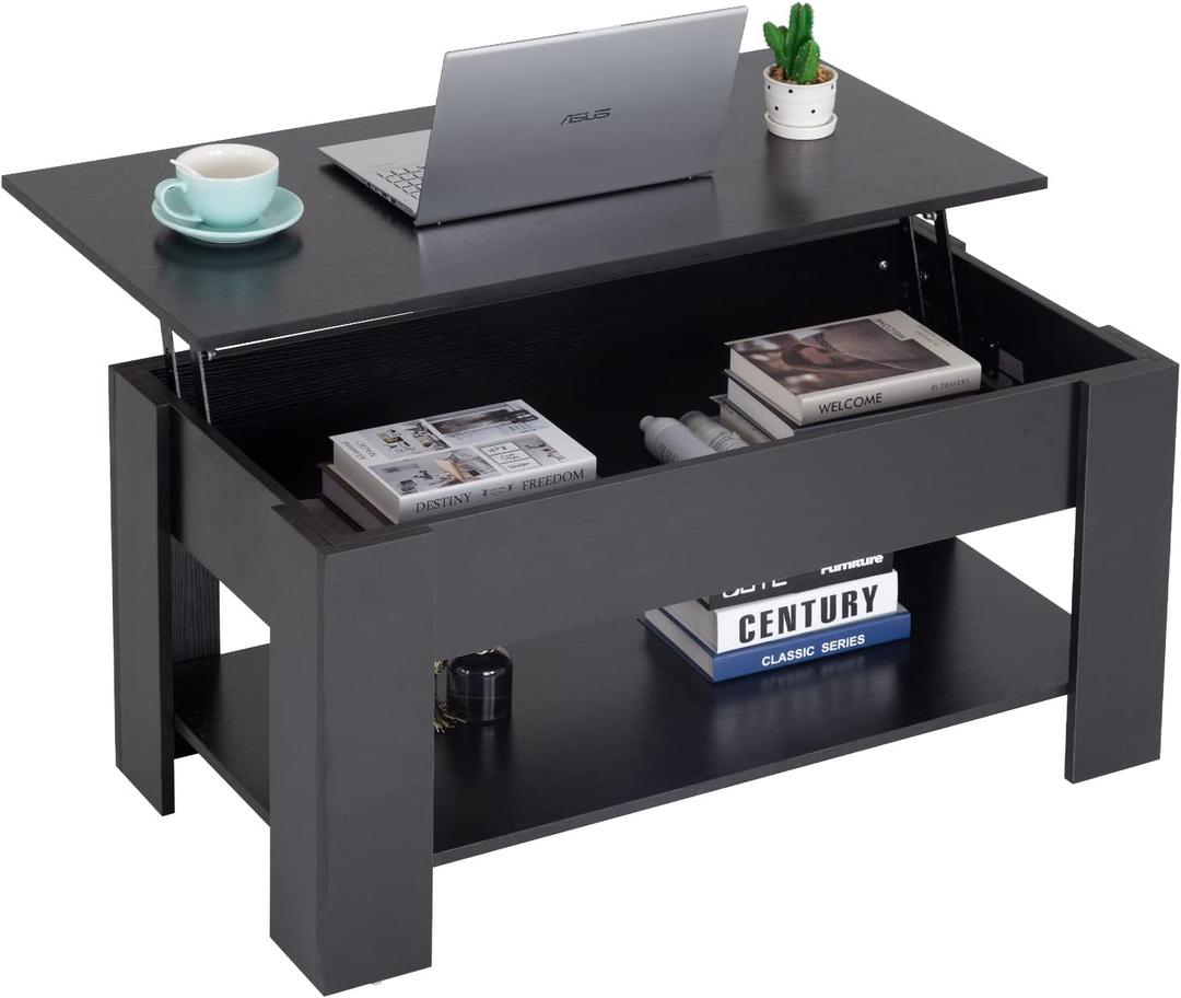 FDW 39.4" Lift Top Coffee Table with Hidden Compartment and Storage Shelf Wooden Lift Tabletop for Home Living Room Reception Room Office (Black), 39D x 28W x 24H in