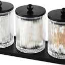 3 Pack Qtip Holder Bathroom Set,Cotton Pad Ball Swab Holder Cotton Round Floss Pick Dispenser with Tray,Glass Apothecary Jars with Black Lids,Bathroom Organizers and Storage Canisters