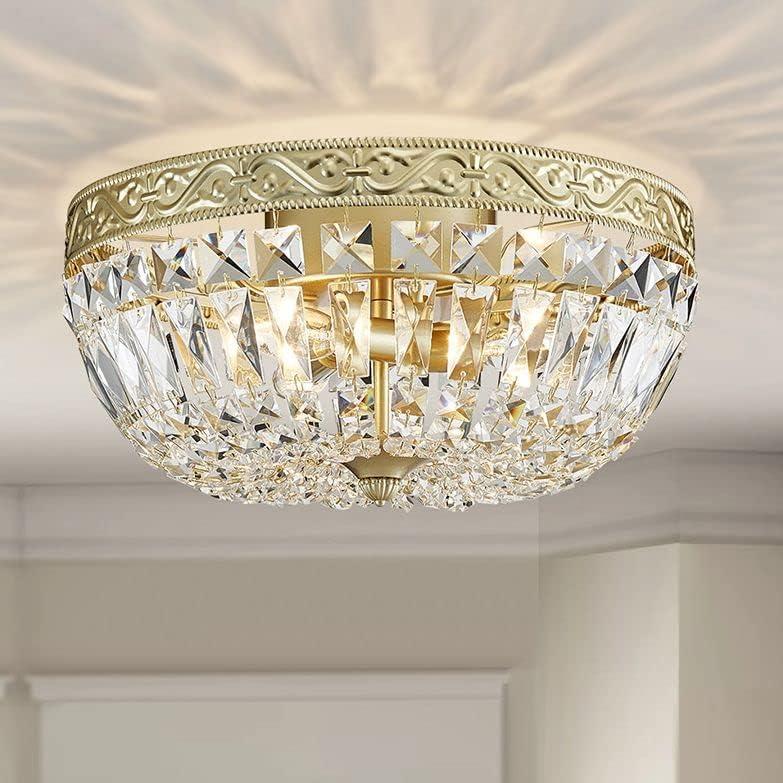 WUZUPS Crystal French Empire Chandelier Semi-Flushmount Ceiling Light Modern Lighting Fixture for Bedroom Hallway Bar Kitchen Bathroom, H 7.3" x W 14.2", Gold, E12 Base