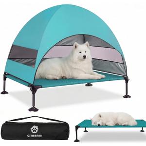Elevated Dog Bed with UV-Proof Canopy, Outdoor Dog Tent with Powerful Adjustable Feet, Portable Pet Cot with Wider Shade, Raised Cooling Bed for Camping, Patio, Beach, Poolside