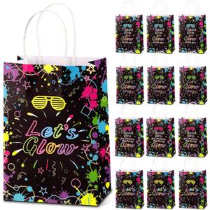 Nezyo 24 Pack Neon Bags Themed Let's Glow in Dark Party Favor Thank You for Glowing with Me Goodie Bags with Handle for Retro 80s 90s Birthday Halloween Party Decoration Supplies, 24 count
