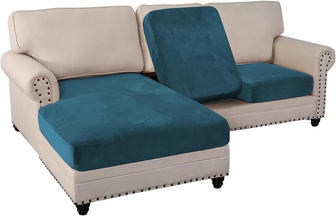 PrinceDeco Sectional Couch Covers 3 Pieces Velvet Sofa Covers L Shape Soft Couch Covers for Sectional Sofa Corner Sofa Cover Couch Cover for Dogs Washable (2 Seater + 1 Chaise,Deep Teal)