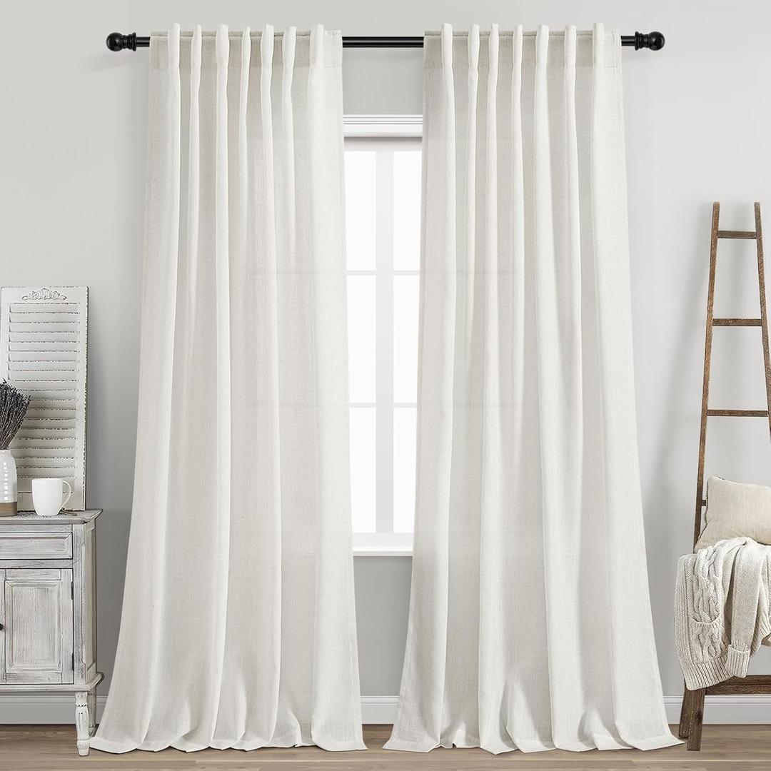 Nanspring Cream Linen Back Tab Curtains 86 Inch Length for Living Room 2 Panel Set Farmhouse Window Semi Sheer Linen Drapes Rustic Pinch Curtain for Bedroom 52X86 (Natural)