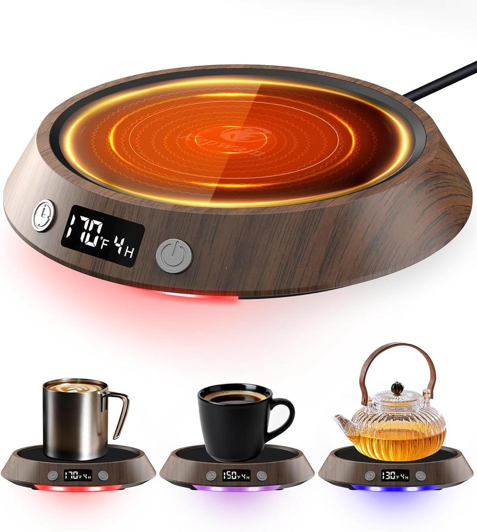 Kepwam Coffee Mug Warmer - 50W Electric Coffee Warmer for Desk 3 Temp Settings & 2-9 Timer Smart Cup Warmer for Desk Candle Warmer Plate with LED Lights Beverage Tea Milk Warmer for Home & Office (Wood)