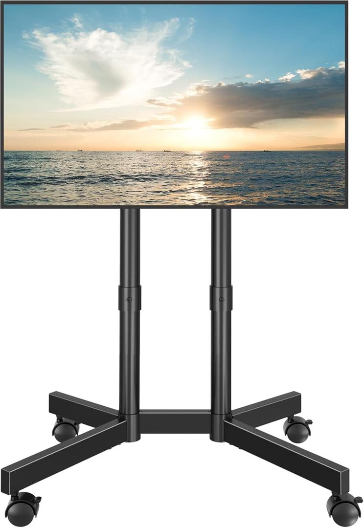 BONTEC Rolling TV Stand for 32-75 Inch TVs, Height Adjustable Mobile TV Cart on Wheels, Heavy Duty TV Stand Supports Up to 110lbs, Stable Dual-Column Design, Cable Management, Indoor, Outdoor (Black)