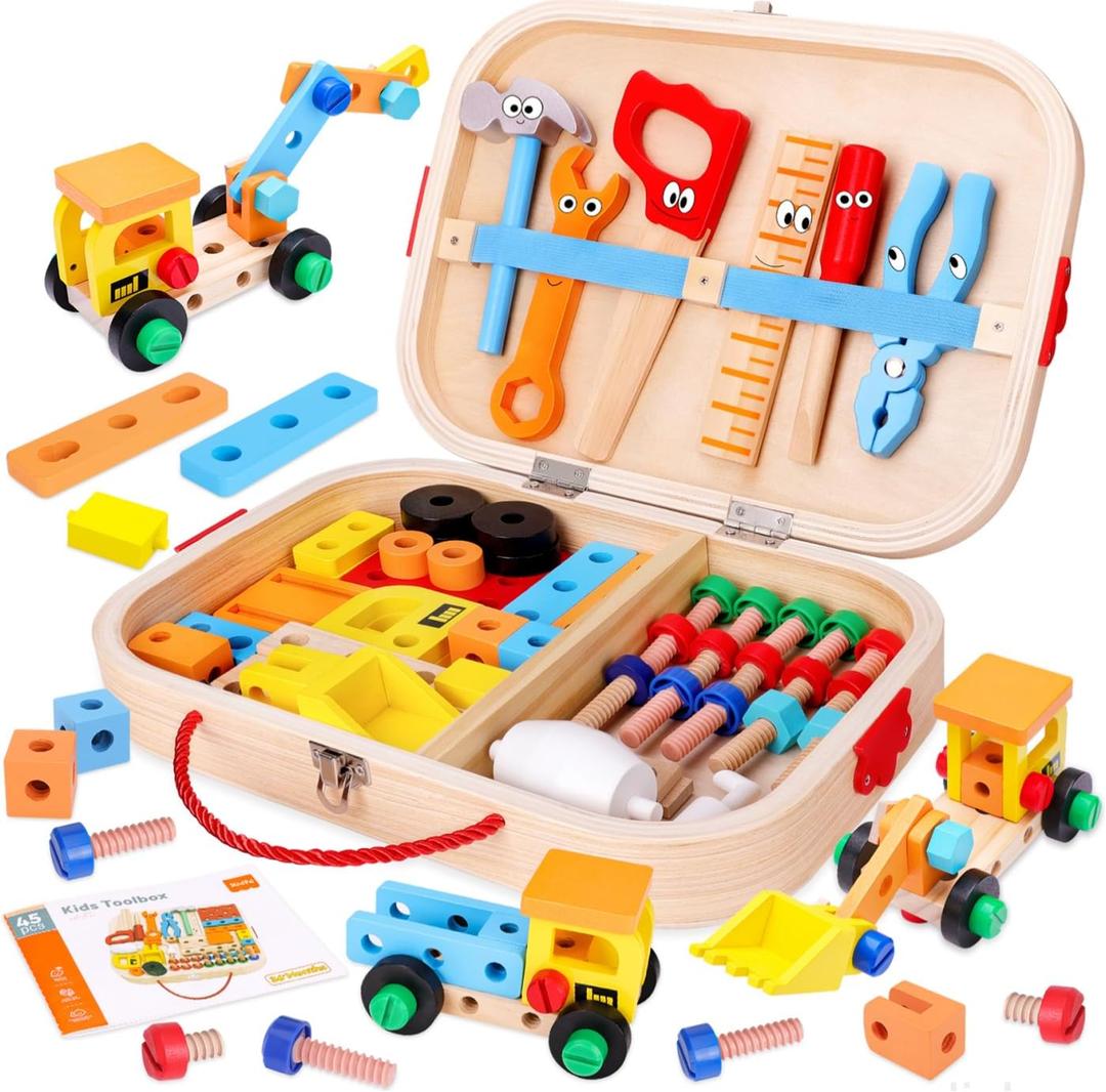 45 Pcs Kids Tool Set, Toddler Tool Set with Tool Box, STEM Construction Preschool Educational Toys for Age 3 4 5 6 7 Boys Girls, Wooden Tool Kits Toys, Christmas Birthday Present for Kids