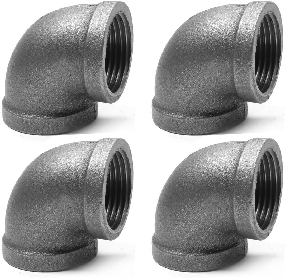 Black Cast Iron 90 Degree Elbow, Female Pipe Fitting, 1 Inch Size, for Industrial DIY Furniture & Shelving (4 Pack)