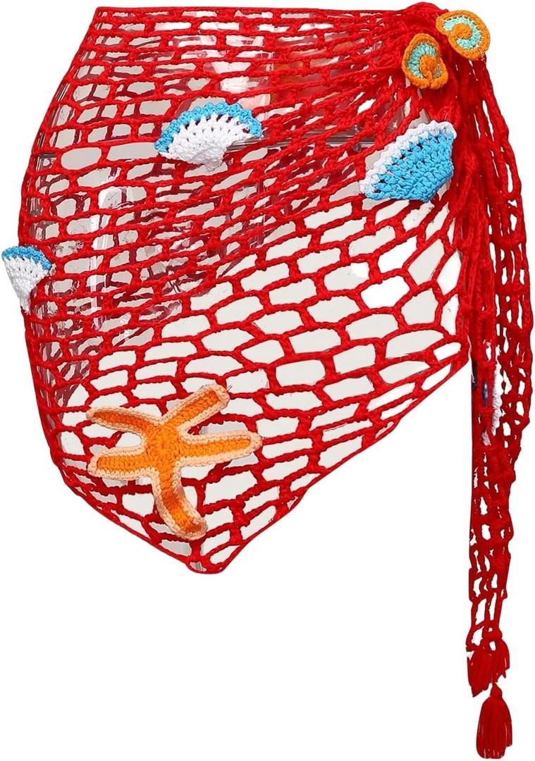 ZAFUL Crochet Sarong Coverups for Women Beach Vacation Starfish See Thru Tie Side Bathing Suit Cover Up Mini Skirt (Red)