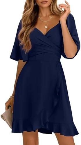 Dokotoo Women's Wrap V Neck Short Flared Sleeve Wedding Guest Dress Smocked Elastic Waist Tiered Belted Ruffle Hem Mini Dress L