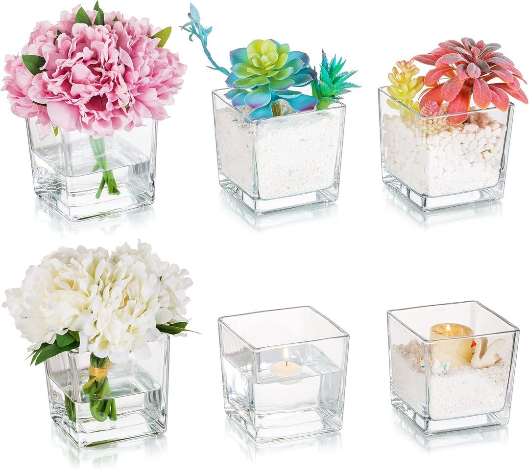 Square Glass Vases Set of 6  Hewory 5"x5" Clear Cube Flower Vase Candle Holders for Wedding Centerpieces Home Decor Events Party Ceremony (Not Include Flower and Candle)