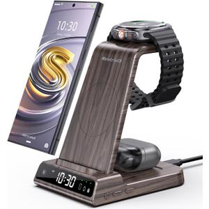Wireless Charger for Samsung Charging Station: 3 in 1 Android Charging Stand with Dimmable Clock - Nightstand Organizer for Galaxy S25 Ultra, Galaxy Watch 8 7 6 5 4, Galaxy Buds, Space-Saving Charger (Woodgrain)