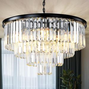 Black Modern Crystal Chandelier, 4-Tier Round Flush Mount Ceiling Light Fixtures Height Adjustable Pendant Lighting for Dining Room Living Room Bedroom Kitchen Hotel Foyer