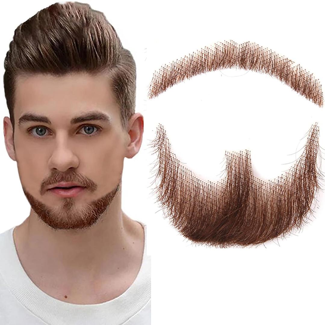 Fake Beard Goatee Beard Realistic 100% Human Hair Full Hand Tied Goatee False Beards Lace Invisible Fake Mustache for Halloween Dressing Men Makeup Entertainment/Drama/Party/Movie (Brown)