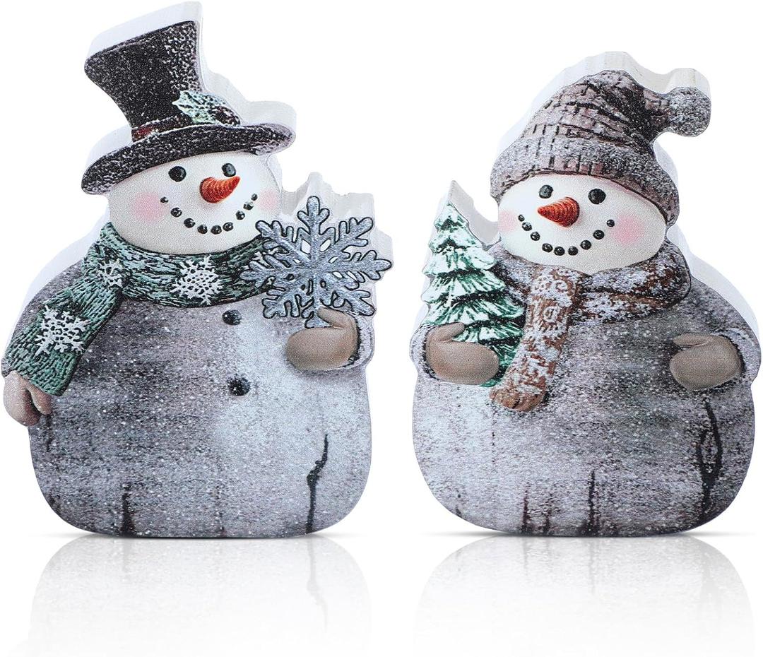 Menkxi 2 Pcs Christmas Snowman Figurines Snowy Glitter Snow Man Decorative Statue Wooden Snowman Couple Tabletop Decoration Set for Winter Holiday Table Centerpieces Xmas Gift Party Supplies
