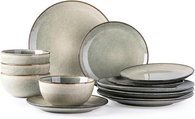 AmorArc Ceramic Dinnerware Sets for 4, 12 Pieces Handpainted Plates and Bowls Set, Scratch Resistant Stoneware Dishes Set, Dishwasher & Microwave Safe, Jade Green