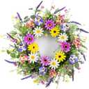 Yawwind 22 Inches Summer Wreaths for Front Door Farmhouse Summer Door Wreath Colorful Spring Floral Wreath with Wildflower Pansy Orchid for Window Porches Indoor Decoration