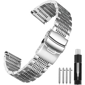 Stainless Steel Watch Band 18mm 20mm 22mm 24mm, Solid Polished Mesh Watch Bands Silver Black Rose Gold Watch Bracelet with Double-Lock Deployment Clasp Watch Strap for Men Women