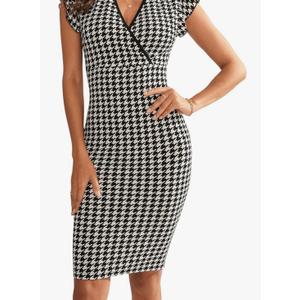 WDIRARA Women's Houndstooth Wrap V Neck Ruffle Trim Cap Sleeve Bodycon Dress Size S