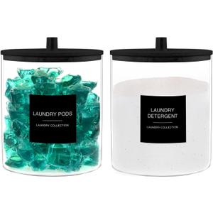 TIPGO Glass Jars for Laundry Room Organization, Laundry Pods Container with 27 Labels, Detergent Holder with Bamboo Lid, Cute Storage Jars, Black (Set of 2)