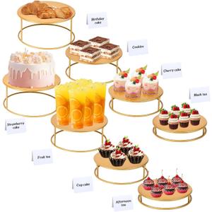 Blulu 8 Set Buffet Risers Gold Metal Table Risers Display Stand Round Nesting Tabletop Riser 4 Different Size with 8 Buffet Table Labels for Catering Cake Dessert Collectibles Jewelry Party Show