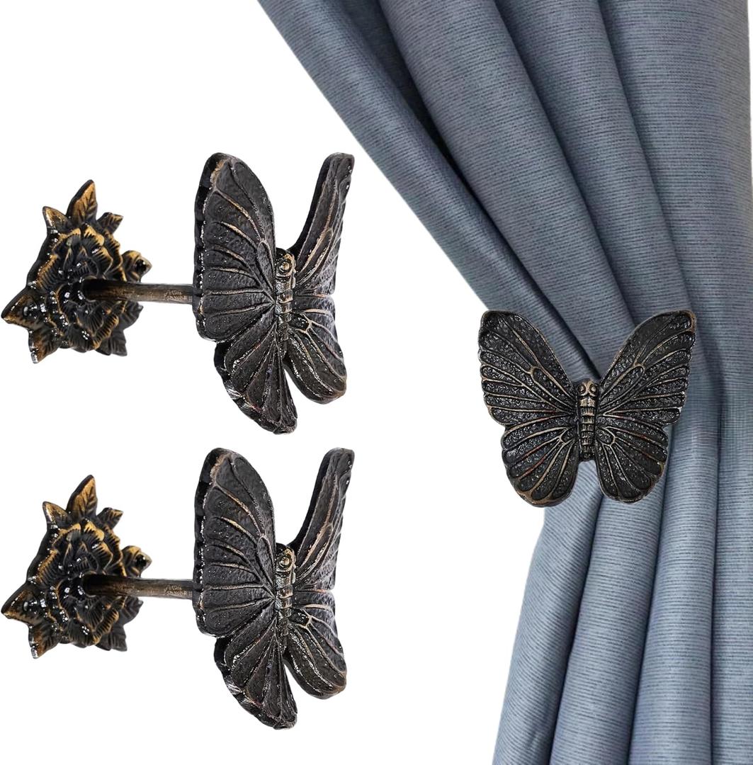 Butterfly Curtain Holdbacks Rustic Metal Set of 2 Decorative Wall Mounted Tiebacks for Drapes, Elegant Window Treatment Hardware for Living Room, Bedroom & Office Unisex Home Dcor