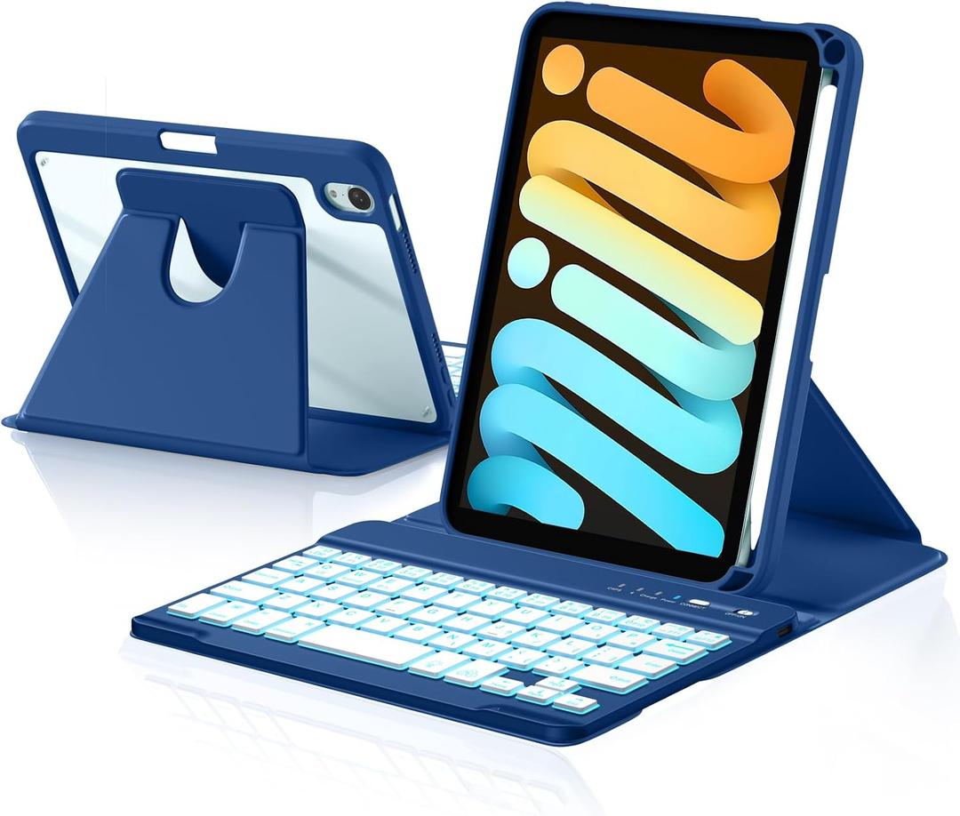 Harvopu for iPad mini 7 A17 Pro/6 Generation Keyboard Case 2024/2021 8.3 Inch,360 Rotating Clear Back Cover with 7 Color Backlit Detachable Keyboard, Pencil Holder for iPad mini 7th/6th Gen,NavyBlue