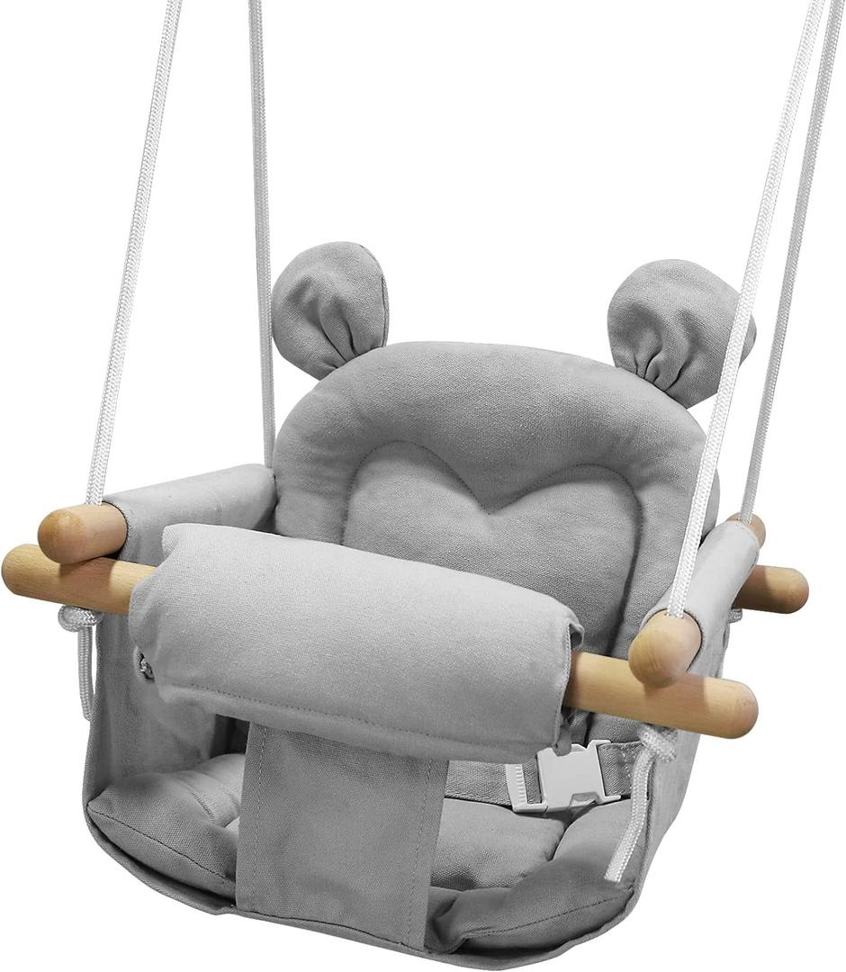 GFU Baby Swing, Canvas Baby Swings for Infants, Secure Baby Swing Outdoor, Toddler Swing for Indoors, Wooden Hanging Baby Swing Seat, Hammock for Tree and Backyard (Gray)