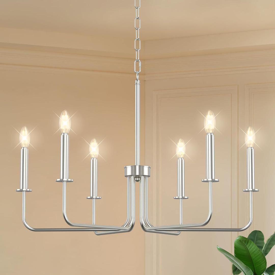 Farmhouse Chandelier, 6-Light Metal Hanging Ceiling Light Fixture for Dining Room, Kitchen Island, Living Room, Entryway, Foyer-Brushed Nickel