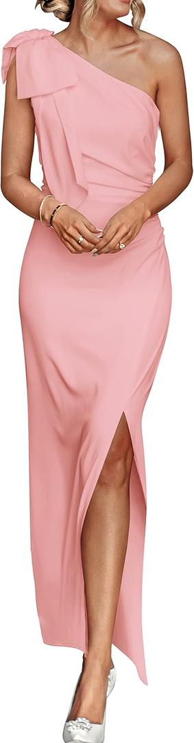 PRETTYGARDEN Women's Summer One Shoulder Long Formal Dresses Sleeveless Ruched Bodycon Wedding Guest Slit Maxi Dress (Large, Pink)