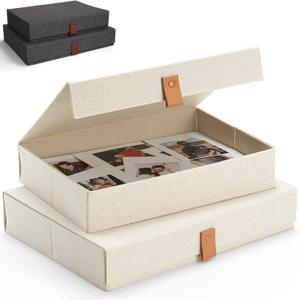 Decorative Photo Storage Boxes with Lids - Set of 2 Beautiful Linen Organizers Are Perfect to Safely Store Your Pictures, Documents, Scrapbooking Supplies, Keepsakes and Other Memories in Style (Ivory)
