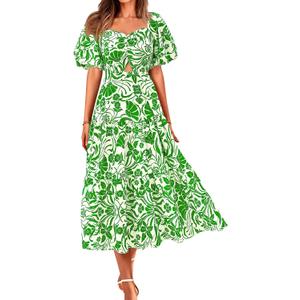BTFBM Summer Dresses for Women 2026 Spring Outfits Beach Vacation Short Sleeve Smocked Boho Casual Floral Maxi Dress (Green, XL)