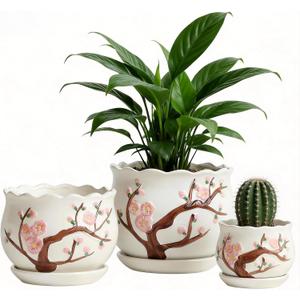 Vintage Flower Pots for Indoor Plant, Round Ceramic Plant Pots with Drainage Holes and Saucers, 6.7/5.2/3.9 Inches Retro Flower Planters Set of 3 (Cherry Blossom)