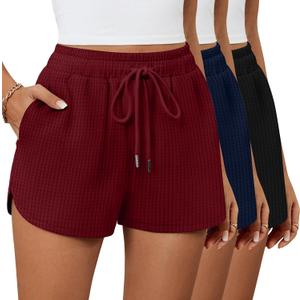 Riyiper 3 Pack Women's Waffle Knit Shorts Cotton Drawstring Lounge Summer Comfy Casual Shorts with Pockets (Medium, Black, Navy Blue, Red)