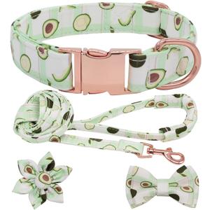 Dog Collar and Leash Set with Flower Bow Tie Girls Dog Collar Dog Tag Metal Buckle Adjustable for Small Medium Large Dogs Avocado-XS