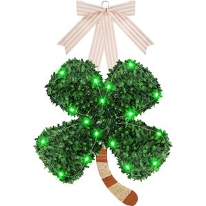 St Patricks Day Wreath for Front Door, Shamrock Wreath Decorations with Lights, Hanging Lucky St. Patrick's Day Door Decorations for Home Farmhouse Wall Porch Decor Party Supplies