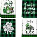 St. Patricks Day Kitchen Towels Set of 4 - Green Buffalo Plaid Shamrock Dish Cloths Hand Towels for Holiday Home Decor, Cooking Drying, 16x24 Inch St Patricks Day Decorations Lucky Irish Gnome Design
