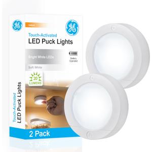 GE Wireless LED Tap-Lights, Battery Operated, 20 Lumens, Touch-Activated Puck Lights, Stick-On for Under Cabinet, Kitchen, Closet, or Garage, 2-Pack 25434