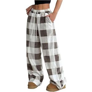 SOLY HUX Y2k Women's Elastic High Waist Plaid Loose Pants with Pocket