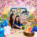 Spring Easter Backdrop Happy Easter Eggs Blue Car Floral Garden Photography Background Kids Children Baby Shower Birthday Home Party Decorations (7x5FT)