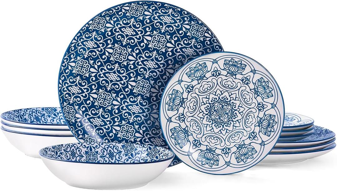 Bestone Porcelain Dinnerware Sets Service for 4, 12 pcs Hand drawn Plates and Bowls Sets, Handmade Ceramic Dish Set, Chip Resistant Modern Plate Set, Dishwasher/Microwave SafeVintage Blue