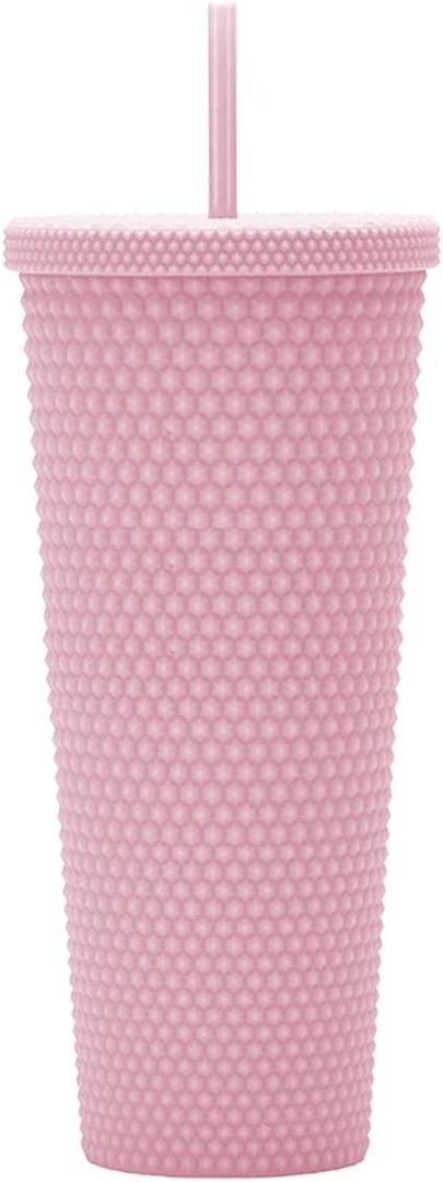 24oz Fully Studded Tumbler. Matte Light Pink Studded Tumbler with Lid and Straw. Reusable Double Walled Insulated Travel Tumbler.Plastic Acrylic Pastel Colored Tumbler Cup for Iced Coffee Smoothie.