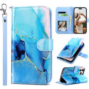 ULAK Compatible with iPhone 16 Pro Max Wallet Case with Card Holder, [RFID Blocking] PU Leather Case with Kickstand Card Slots Wrist Strap, Durable Shockproof Protective Cover 6.9 Inch, Marble