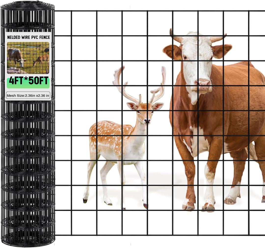 Gisafai 16 Gauge Galvanized Welded Wire Fence 4 ft x 50ft PVC Coated Hardware Cloth, 2.36" x 2.36" Mesh, Heavy Duty Garden Fencing Roll for Chicken, Dog Yard, Deer Cattle & Animal Protection(Black)