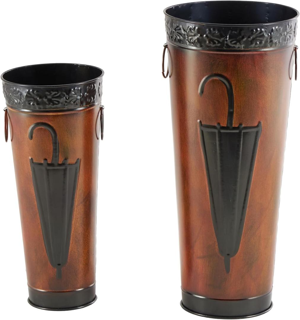 Deco 79 Metal Umbrella Stand with Umbrella Image and Handles, Set of 2 21", 17"H, Brown