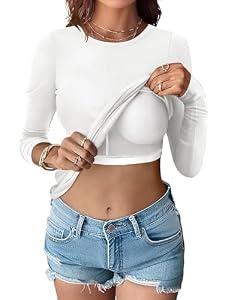 ANRABESS Women Long Sleeve Shirts Built-in Bra Crewneck Rib Knit Slim Fit Basic Tee Tops 2025 Fall Base Layer T-Shirt White, Size Large