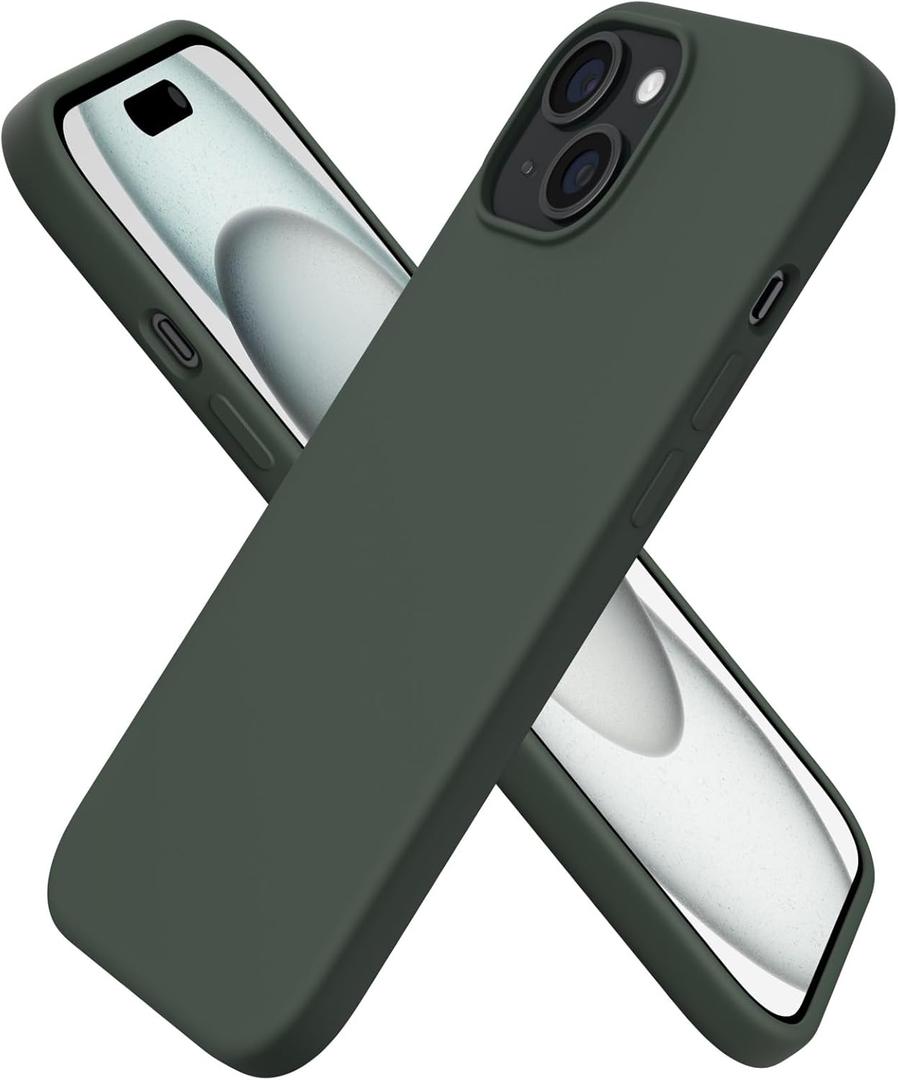 ORNARTO Compatible with iPhone 15 Case 6.1, Slim Liquid Silicone 3 Layers Full Covered Soft Gel Rubber Phone Case, Anti-Scratch Shockproof Protective Cover 6.1 Inch, Dark Moss