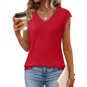 JUSTFASHIONNOW Lace Blouse Soft Cap Sleeve Tops for Women Summer V Neck Tank Tops Dressy Casual Shirts Trendy Clothes (Red)