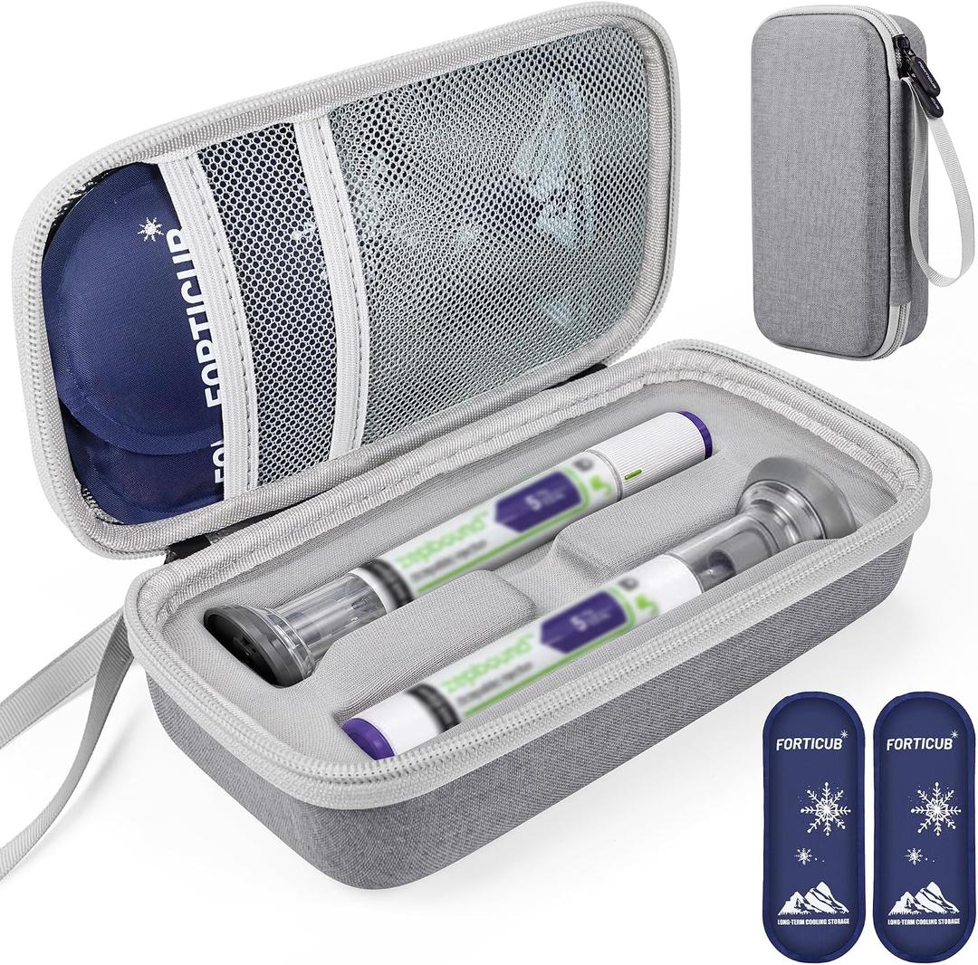Insulated Cooler Travel Case for 2 Zepbound & Mounjaro Injector Pens, TSA Approved Tirzepatide Pen Holder with Ice Pack, Dual-Layer Mesh Pocket, Protection Case for Travel (Grey, Fits 2 Pen)